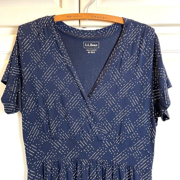 L.L. Bean Women's Summer Knit Dress Sz M Short Sleeve Navy Blue Empire Waist - Picture 3 of 10
